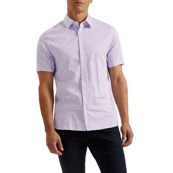 Ted Baker Barhill Geometric Print Stretch Short Sleeve Button-Up‎ Shirt Lilac - Picture 1 of 9